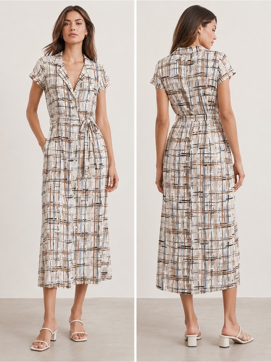 Aritzia Dresses & Skirts - Wilfred Button-Front Plaid Midi Dress in Cream, Blue, and brown